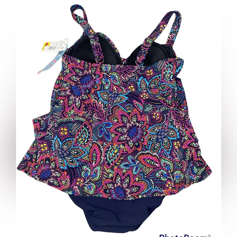 Swim Solutions NAVY MULTI Printed Tummy-Control Tiered One-Piece Swimsuit - Picture 4 of 6